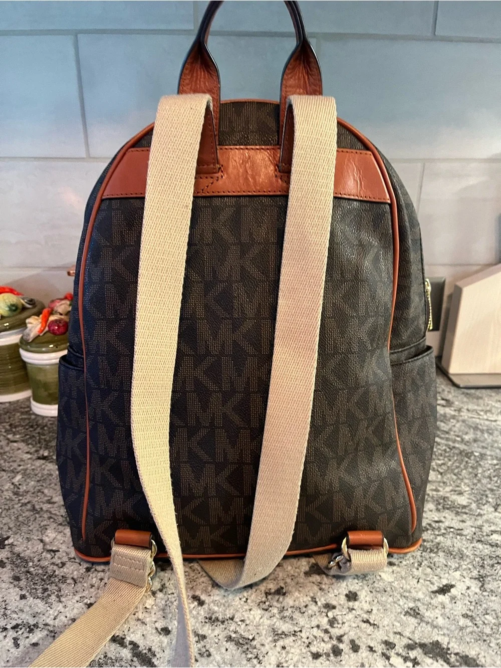 Michael Kors Large Zip-Pocket Backpack MK Brown Logo